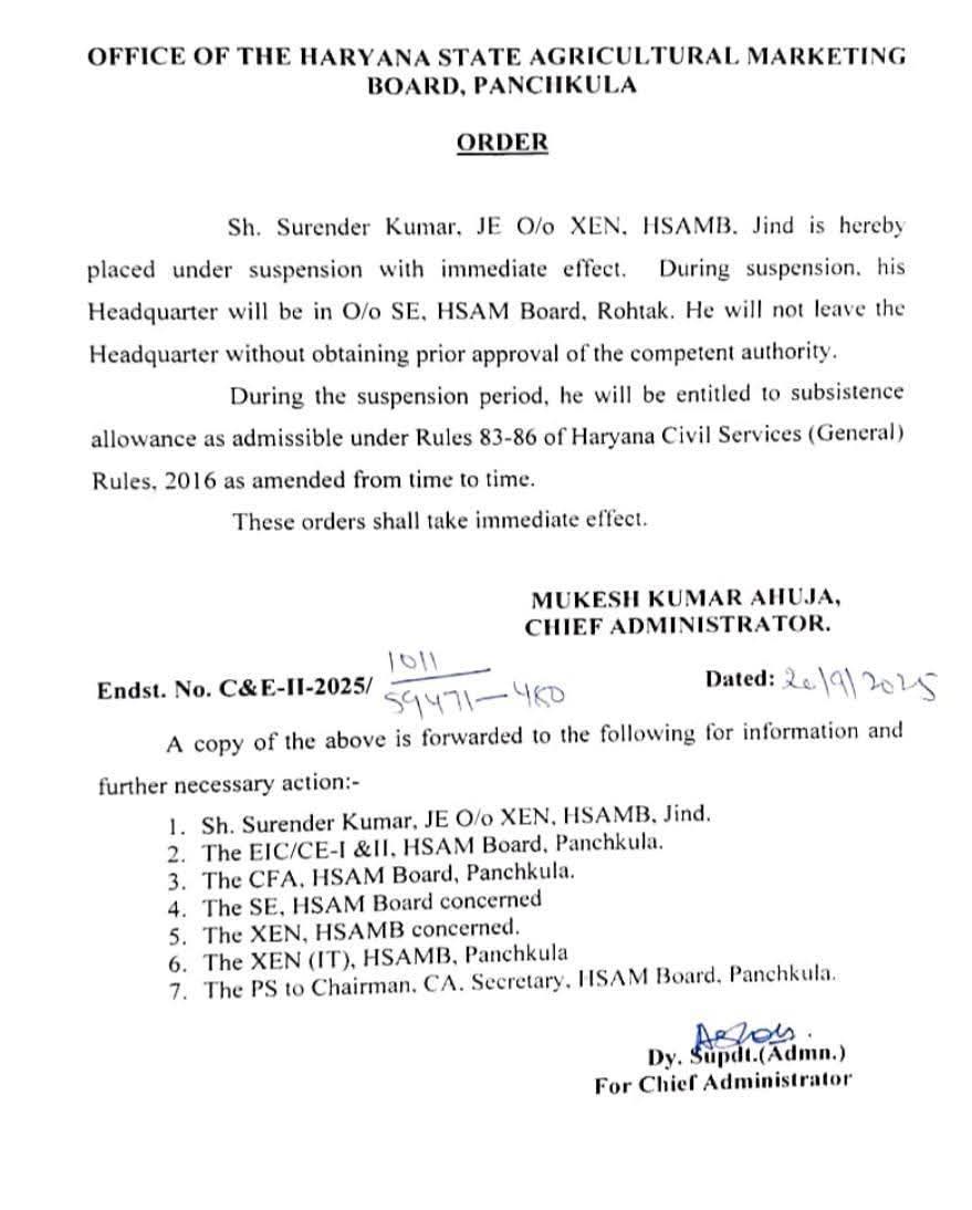 Jind Marketing Board employee suspended rohtak marketing board employee suspdendd