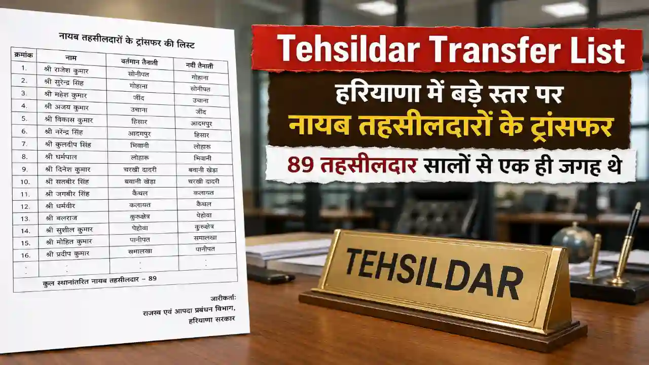 Tehsildar Transfer List : हरियाणा में बड़े स्तर पर नायब तहसीलदारों के ट्रांसफर, 89 तहसीलदार सालों से एक ही जगह थे, देखें पूरी लिस्ट
