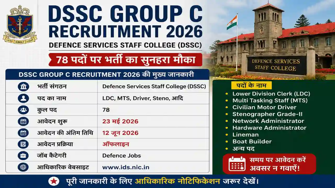 DSSC Group C Recruitment 2026: 78 पदों पर शानदार बंपर भर्ती